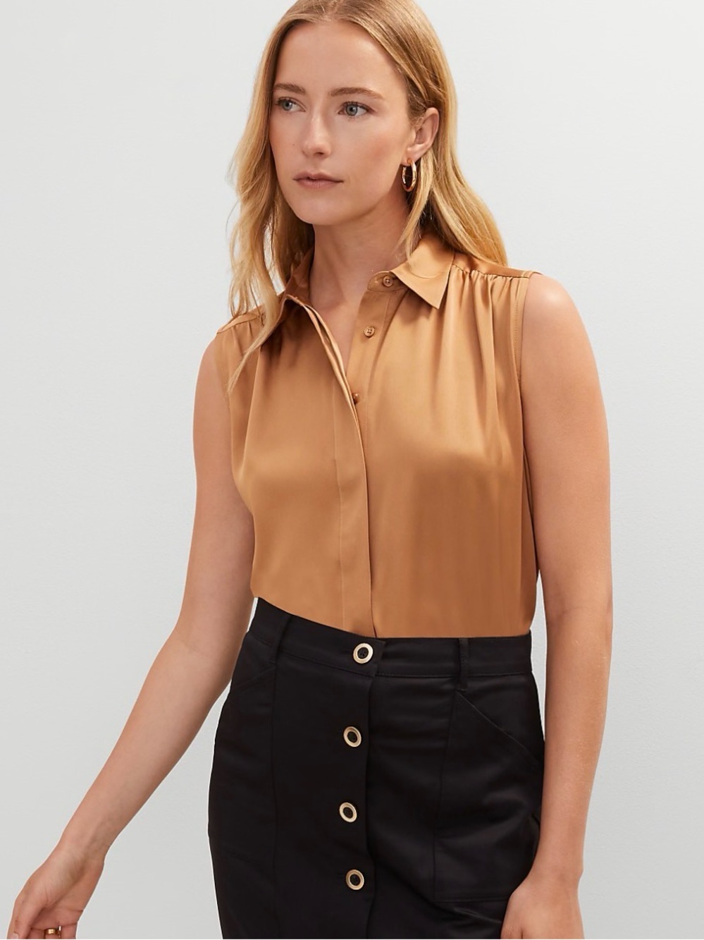 Ann Taylor Sleeveless Satin Button-Front Shell in Camel